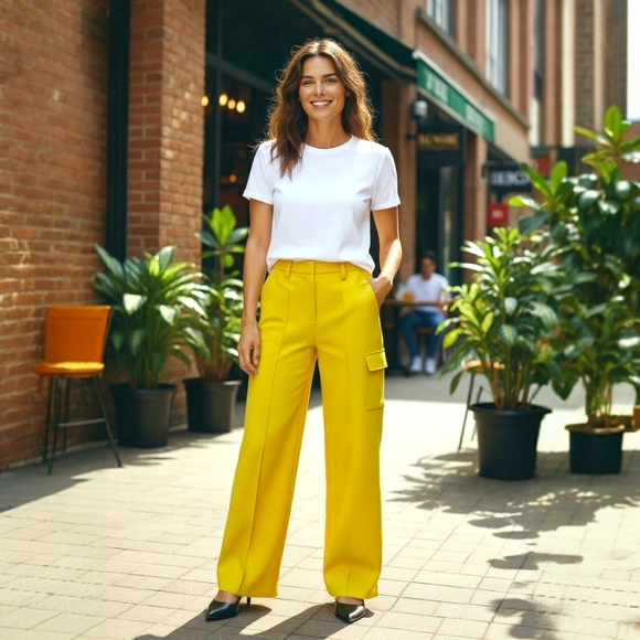 DKNY Relaxed Fit Yellow Wide-Leg Pants Women's Size 8 - Picture 1 of 6